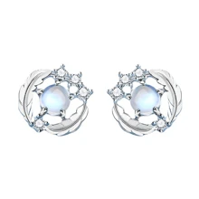 1 pereche de cercei stud din argint sterlin S925 cu zirconiu, piatră lunară, pene, stea, iris, cercei eleganți și versatili în stil casual, cadou de Ziua Îndrăgostiților cu cutie cadou delicată