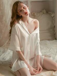 Sexy Lingerie Pajama Women Summer Thin Style Sexy Private Room Boyfriend Wind Shirt Short Sleeve Large Size Ice Silk Nightdress Sexy Lingerie Set