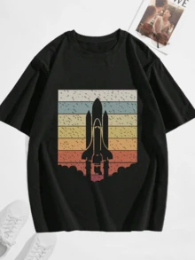 Camiseta impresa en cohete de color de cuello redondo para hombres