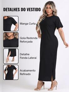 Kit 2 Women's Dress With Side Slit And Short Sleeve Midi 100% Cotton Elegant Casual Fashion - 黑色 - 裸色 - 查看 2
