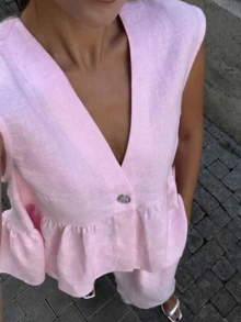 春夏新款女士浅粉色V领无袖两件套，荷叶边设计，甜美迷人，适合情人节 - 粉色 - 查看 5