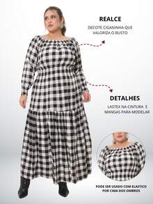Plus Size Long Sleeve  Elastex Dress - White Chess - View 2