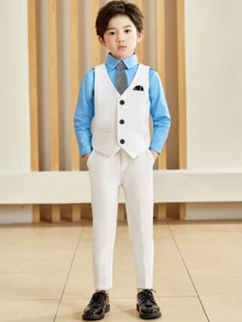 男孩新西裝套裝，花童婚禮服，表演服裝，英式男孩表演西裝三件套，含背心、長褲與領帶 - 白色 - 查看 4