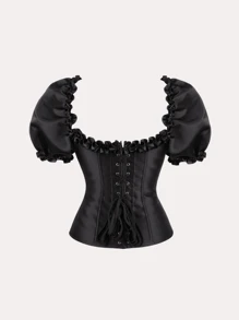 Corset aristocrático clásico con mangas abullonadas, tirantes, espalda descubierta y control de barriga con costillas, adecuado para fiestas, actuaciones en el escenario y festivales