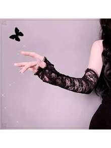 1 双长款露指蕾丝袖套，适合驾驶、骑行时防晒，万圣节派对装饰 - 黑色 - 查看 3