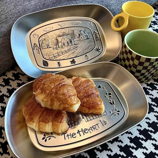 Retro Tinplate Tray, Household Stainless Steel Camping And Picnic Plate, Snack, Fried Food, Barbecue, Fruit Plate, And Food Preparation Plate
