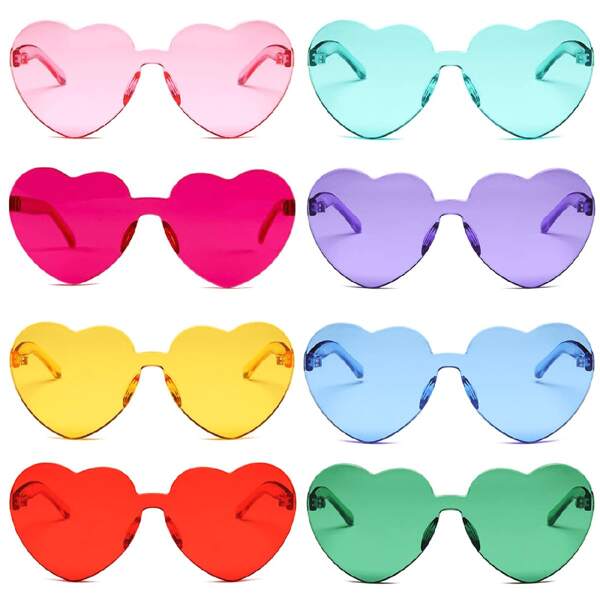 8 Paar Herzförmige Brillen, verrückte randlose bunte Partybrille in Herzform für Damen, neonfarben, herzförmige Brillen, hippie-style herzförmige Brillen, vintage Kostümbrille, Zauberfarben, Partybrille, vintage Kostümbrille, Set mit klaren farbigen herzförmigen Brillen