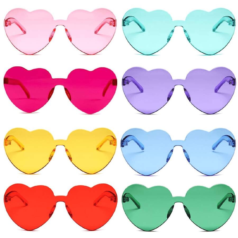 8 pares de gafas con forma de corazón, gafas sin montura de colores brillantes con forma de corazón para fiestas y disfraz para mujeres, en colores neón, forma de corazón, estilo hippie, vintage, de colores mágicos, para fiestas, gafas con forma de corazón de colores claros