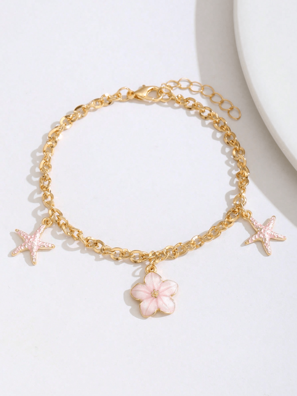 1pc Delicate Sweet Flower & Starfish Decor Bracelet For Women Summer Beach Party Travel Vacation Jewelry Accessory For Daily Wear