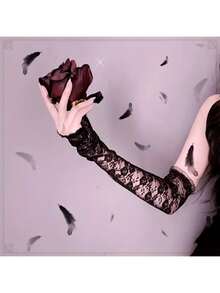 1 双长款露指蕾丝袖套，适合驾驶、骑行时防晒，万圣节派对装饰 - 黑色 - 查看 4