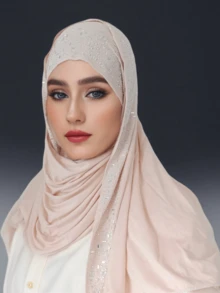 1pc Women's Popular Crystal Solid Color Knitted Headscarf Shawl, Soft Hijab Scarf, Casual Long Scarf - A - View 21