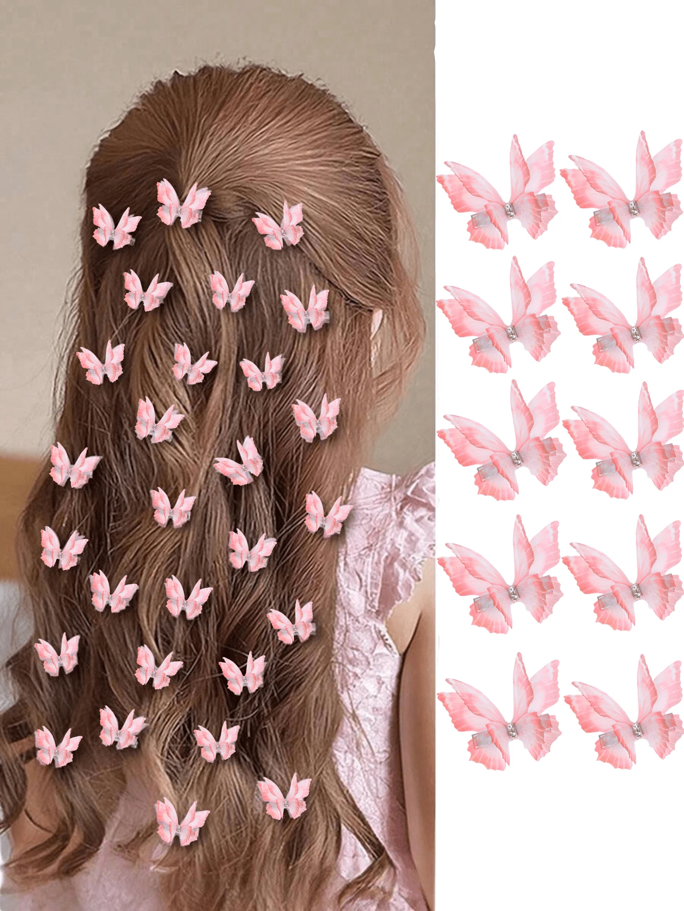 10pcs/Set Girls Pink Double-Layer Rhinestone Sheer Organza Butterfly Small Hair Clips Cute Princess Style Hair Accessories ,Flat Claw Clip, Clips For Hair, Hair Slide, Hair Claws, School Stuff, Party, Valentines Accessories, Head Accessories - Pink - View 1