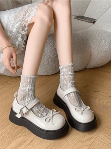 New Summer Mary Jane Flat Shoes For Women, Round Toe Bowknot Decor With Ankle Strap, Cute Outfit With Dress