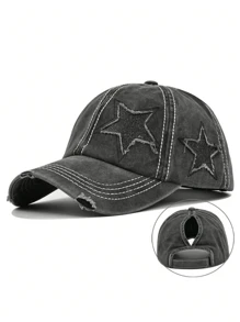 Gorra de béisbol con estrella de cinco puntas, lavada y desgastada, para las cuatro estaciones, unisex con coleta, casual para exteriores, gorra ajustable con visera de moda, versátil para todos