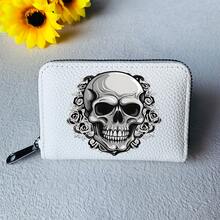 哥特式骷髅和花卉印花钱包，带卡槽，仿皮拉链开合 - 独立日和万圣节的完美礼物，适合男士钱包迷你钱包钱包卡包