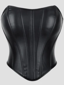 Cyberpunk Style Black Faux Leather Strapless Corset Top, Deep V-Neck ...
