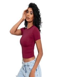 BabyTee Feminina - Babe Tee - Baby Tee - Slim Fit Short Sleeve Blouse - Đỏ tía - Xem 3