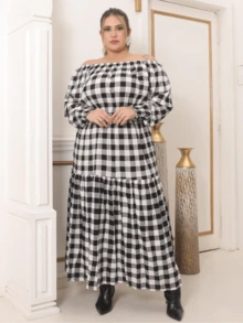 Plus Size Long Sleeve  Elastex Dress - White Chess - View 1