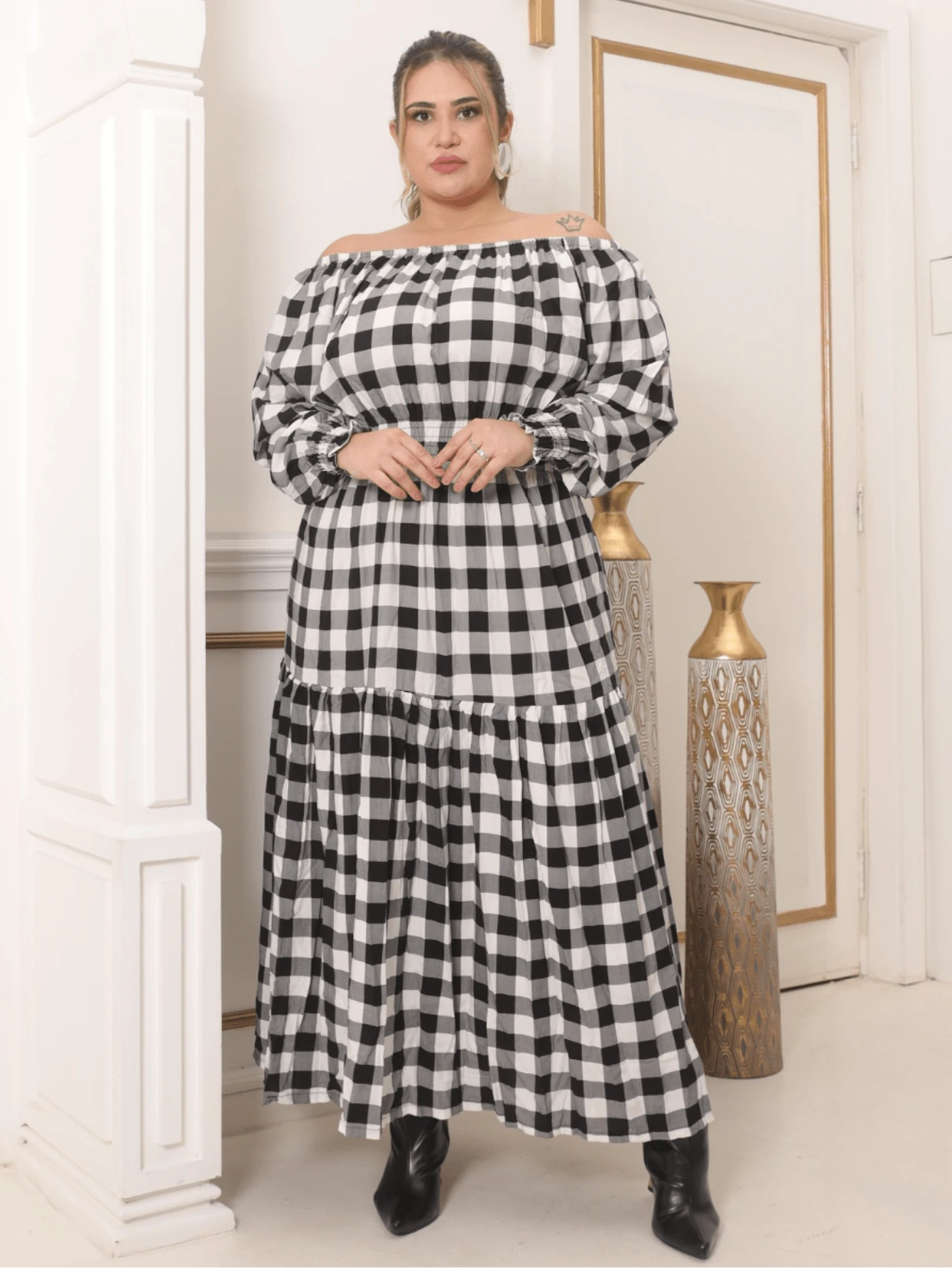 Plus Size Long Sleeve Elastex Dress - White Chess - View 1