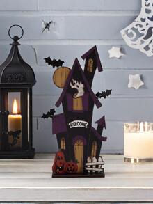 1 pieza Decoración de madera plana 2D de Halloween - Calabaza, fantasma, decoraciones de letrero de casa embrujada con diseño de calavera espeluznante, murciélago y telaraña para exhibición de mesa festiva, decoración de Halloween