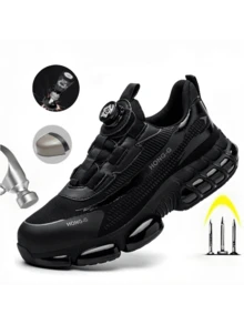 Men And Women Safety Shoes With Rotary Buttons, Comfortable And Secure, Anti-Smashing And Anti-Piercing Work Shoes, Lightweight And Breathable Worksite Protective Shoes, Black Air Cushion Summer Model For Men And Women - Black - View 2
