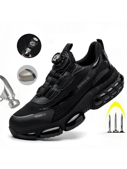 Men And Women Safety Shoes With Rotary Buttons, Comfortable And Secure, Anti-Smashing And Anti-Piercing Work Shoes, Lightweight And Breathable Worksite Protective Shoes, Black Air Cushion Summer Model For Men And Women
