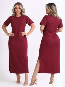 Kit 2 Women's Dress With Side Slit And Short Sleeve Midi 100% Cotton Elegant Casual Fashion - Rượu - Xanh - Xem 6