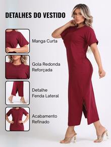 Kit 2 Women's Dress With Side Slit And Short Sleeve Midi 100% Cotton Elegant Casual Fashion - 葡萄酒 - 裸體 - 查看 2