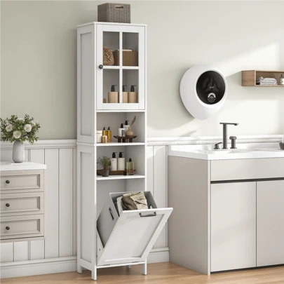 67.5" Tall Bathroom Cabinet With Laundry Basket – Freestanding Storage Cabinet With Clear Acrylic Door, 2 Open Compartments – Slim Organizer For Bathroom, Kitchen, Living Room, Or Hallway – White