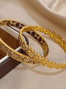 18K Gold Plated Stainless Steel Elegant Floral Bangle Set For Women - Vintage Carved & Cutout Flower Cuff Bracelets, Mom Gift, Teacher Gift, Summer Travel Beach Jewelry, Boho Jewelry, Rave/Prom/Party/Daily Accessories, Back To School Gift, Birthday Gift, Bridesmaid Gifts, Pride Accessories