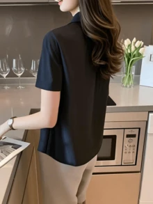 Áo kiểu nữ tay ngắn màu trơn, dáng thanh lịch, phong cách retro, cỡ lớn, màu đen, thích hợp cho mùa hè. - màu đen - Xem 3