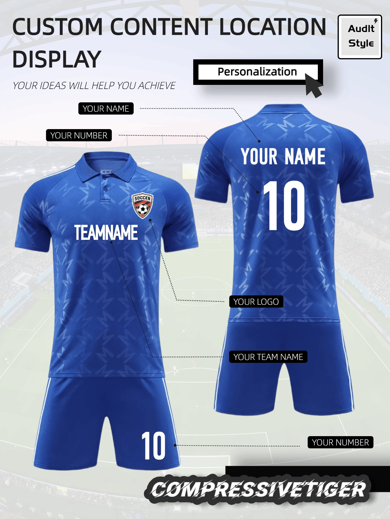 Conjunto de uniforme de fútbol personalizado - Jersey de fútbol y pantalones cortos con estampado personalizados | Agregue su nombre/número | Regalos de ropa deportiva transpirable - Azul - Ver 1