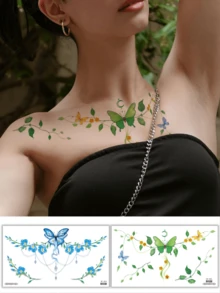 2 件胸前临时纹身贴纸，性感女性假纹身，蝴蝶和花卉图案，艺术 INS Y2K 风格，持续 2-5 天，成人逼真人体艺术纹身，节日派对身体装饰 - 彩色 - 查看 2