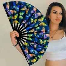 1pc Fluorescent Colorful Folding Fan With Butterfly & Mushroom Pattern, Fashionable Choice For Party, Music Festival, Summer Gathering, Outdoor Activities, Wedding Theme, Street Style, Dance Performance, Halloween & Christmas Accessories - Multicolor - View 5