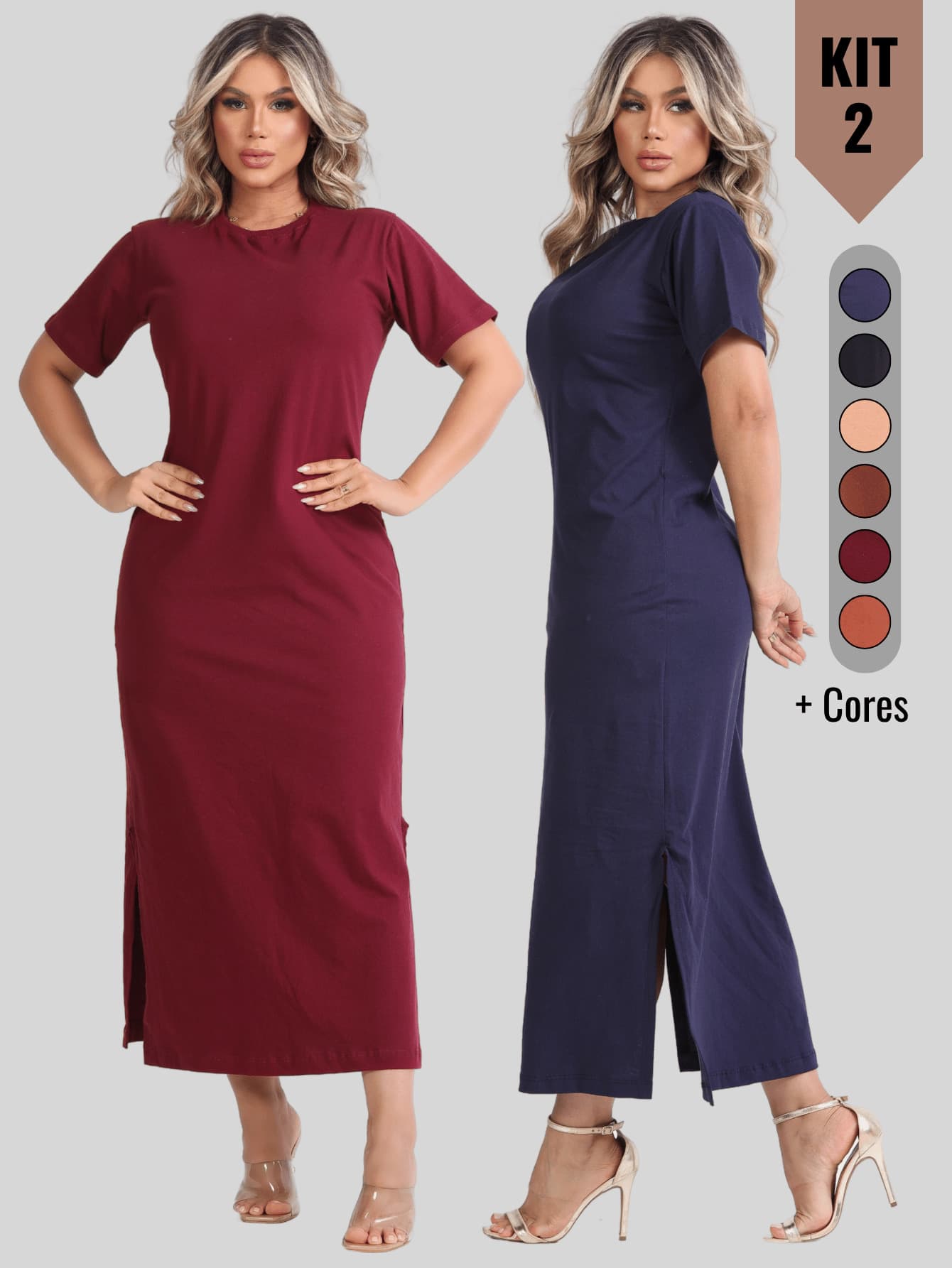 Kit 2 Women's Dress With Side Slit And Short Sleeve Midi 100% Cotton Elegant Casual Fashion - Rượu - Xanh - Xem 1