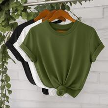 Kit 3 T-Shirts Basic Women's T-Shirt 100% Cotton 30.1 Various Colors Wide And Loose For Everyday Use - 白/黑/軍綠 - 查看 1