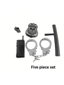5 件套警察服装套装、警察制服、警察角色扮演配件，包括手铐、对讲机、警徽、口哨（对讲机型号随机）、节日派对装饰道具 - 彩色 - 查看 2