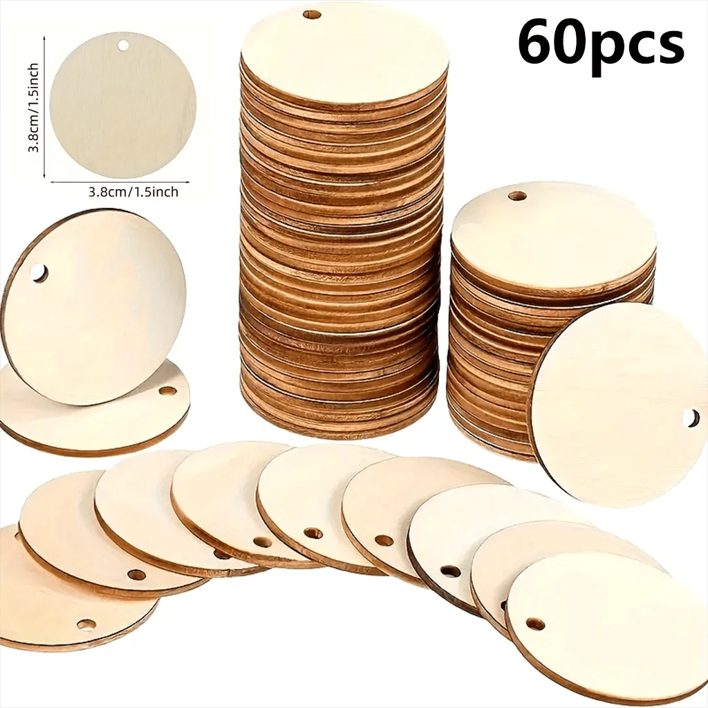 60 piezas de rodajas de madera redondas de 1,5 pulgadas con agujeros perforados previamente - perfectas para manualidades, adornos, decoraciones colgantes y proyectos de bricolaje navideños