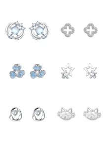 1 pereche de cercei stud din argint sterlin S925 cu zirconiu, piatră lunară, pene, stea, iris, cercei eleganți și versatili în stil casual, cadou de Ziua Îndrăgostiților cu cutie cadou delicată