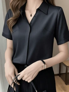 Áo kiểu nữ tay ngắn màu trơn, dáng thanh lịch, phong cách retro, cỡ lớn, màu đen, thích hợp cho mùa hè. - màu đen - Xem 2