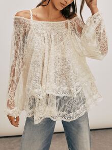 Women's Y2K One Shoulder Lace Tops Floral Solid Color Long Sleeve Tops See Through Sheer Tops Summer Casual Going Out Tops Clubwear - 白色 - 查看 1