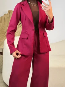 WOMEN'S TAILORED SET BLAZER WITH PANTS ELEGANT CLASSIC PREMIUM AUTUMN WINTER - 酒紅色 - 查看 4