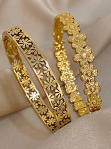 18K Gold Plated Stainless Steel Elegant Floral Bangle Set For Women - Vintage Carved & Cutout Flower Cuff Bracelets, Mom Gift, Teacher Gift, Summer Travel Beach Jewelry, Boho Jewelry, Rave/Prom/Party/Daily Accessories, Back To School Gift, Birthday Gift, Bridesmaid Gifts, Pride Accessories