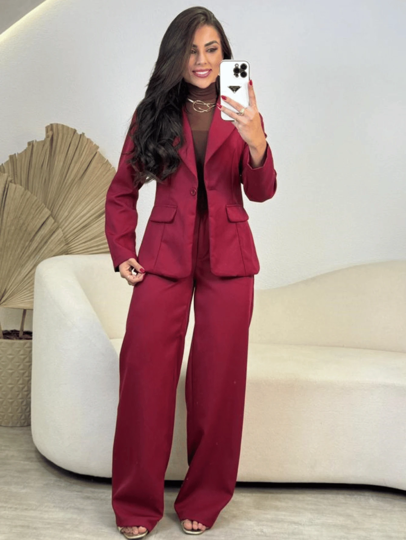 WOMEN'S TAILORED SET BLAZER WITH PANTS ELEGANT CLASSIC PREMIUM AUTUMN WINTER - 酒紅色 - 查看 1
