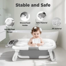 Senmeo 1PC Collapsible Baby Bathtub With Soft Cushion & Thermometer - Portable Travel Infant Tub For Newborn To Toddler (0-36 Months) - Non-Slip, Durable & Includes Floating Pad - 灰色 - 查看 4