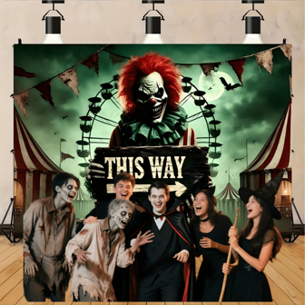 1 Halloween enge clown achtergrondbanner - polyester materiaal, patroon van een boze clown die een "This Way" bord vasthoudt en een spookachtige circusscène, perfect voor Halloween-feestjes, spookhuisdecoraties, binnen- en buitendecoraties