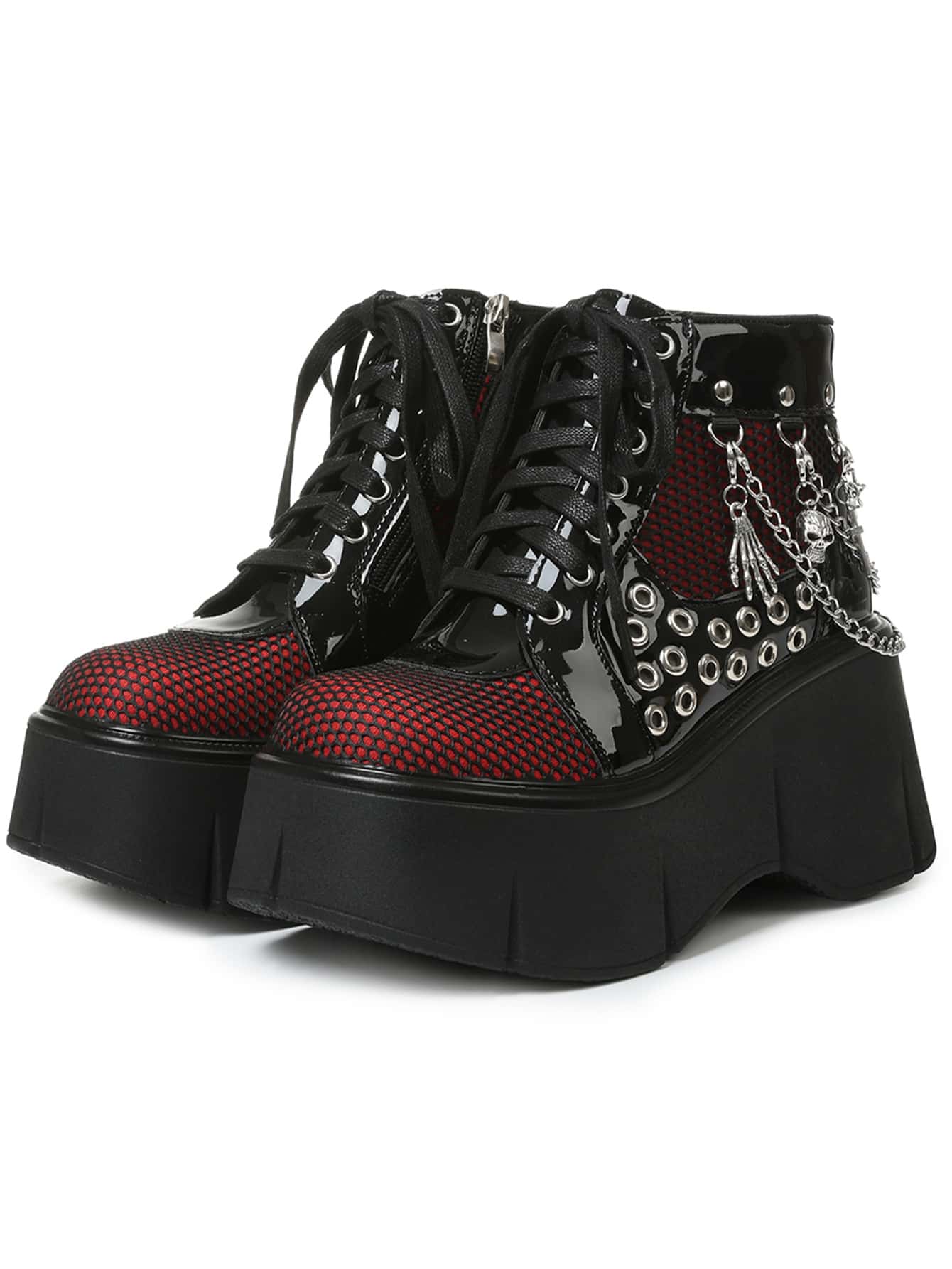 Goth Punk Women's Ankle Boots Thick Sole Round Toe Mesh Lace Up Zipper High Heel Chain Decoration All Season Solid Color Nightclub Party Boots - 紅色 - 查看 1