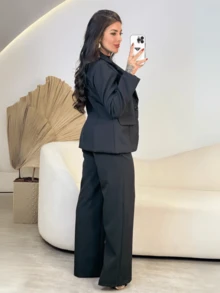 WOMEN'S TAILORED SET BLAZER WITH PANTS ELEGANT CLASSIC PREMIUM AUTUMN WINTER - Black - View 2