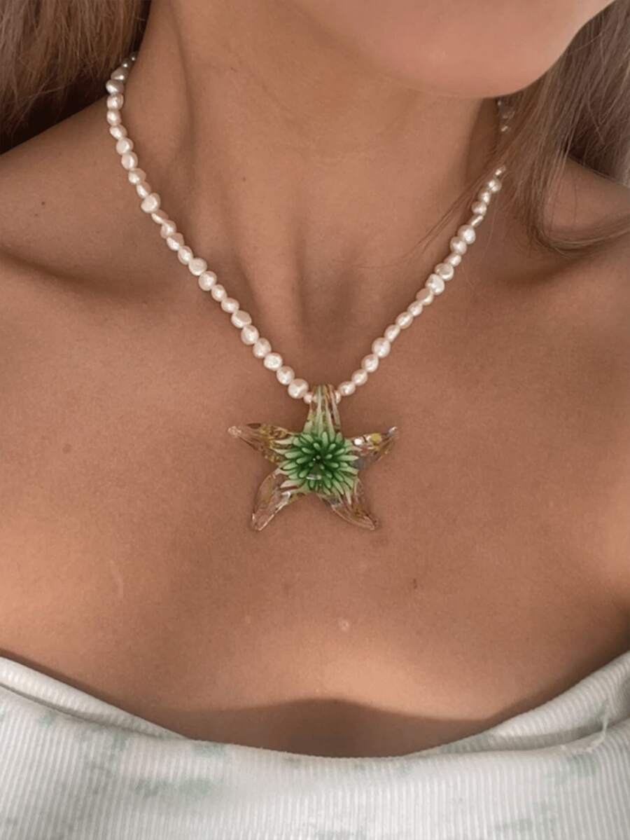 1 件绿色不对称仿珍珠玻璃海星吊坠项链，波西米亚树脂项链，适合女性日常佩戴、约会、夏季郊游、海滩、派对、节日、珠宝礼物 - 彩色 - 查看 1