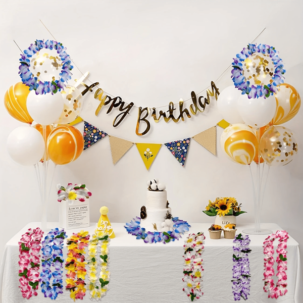 [12pcs Vibrant Lei] 12pcs Vibrant Hawaiian Lei Decorations | Classic Tropical Flower Party Necklaces In Blue, Pink, Yellow & Green | For Birthdays, Graduations & Beach Celebrations, Festive Event Accessories, Luau Style Necklaces, Artificial Floral Garlands
